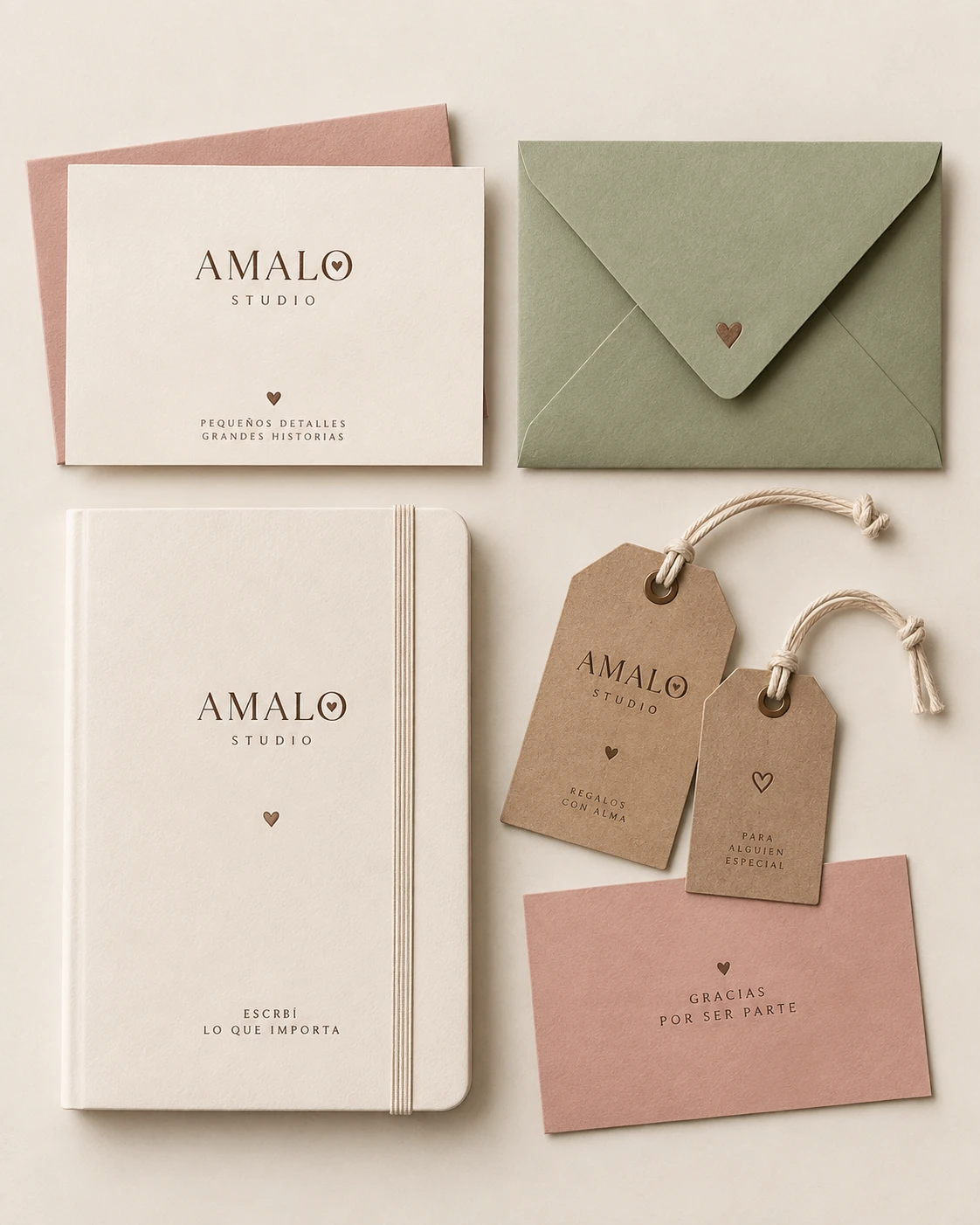 Libreta, tarjetas, sobre salvia y etiquetas kraft personalizadas
